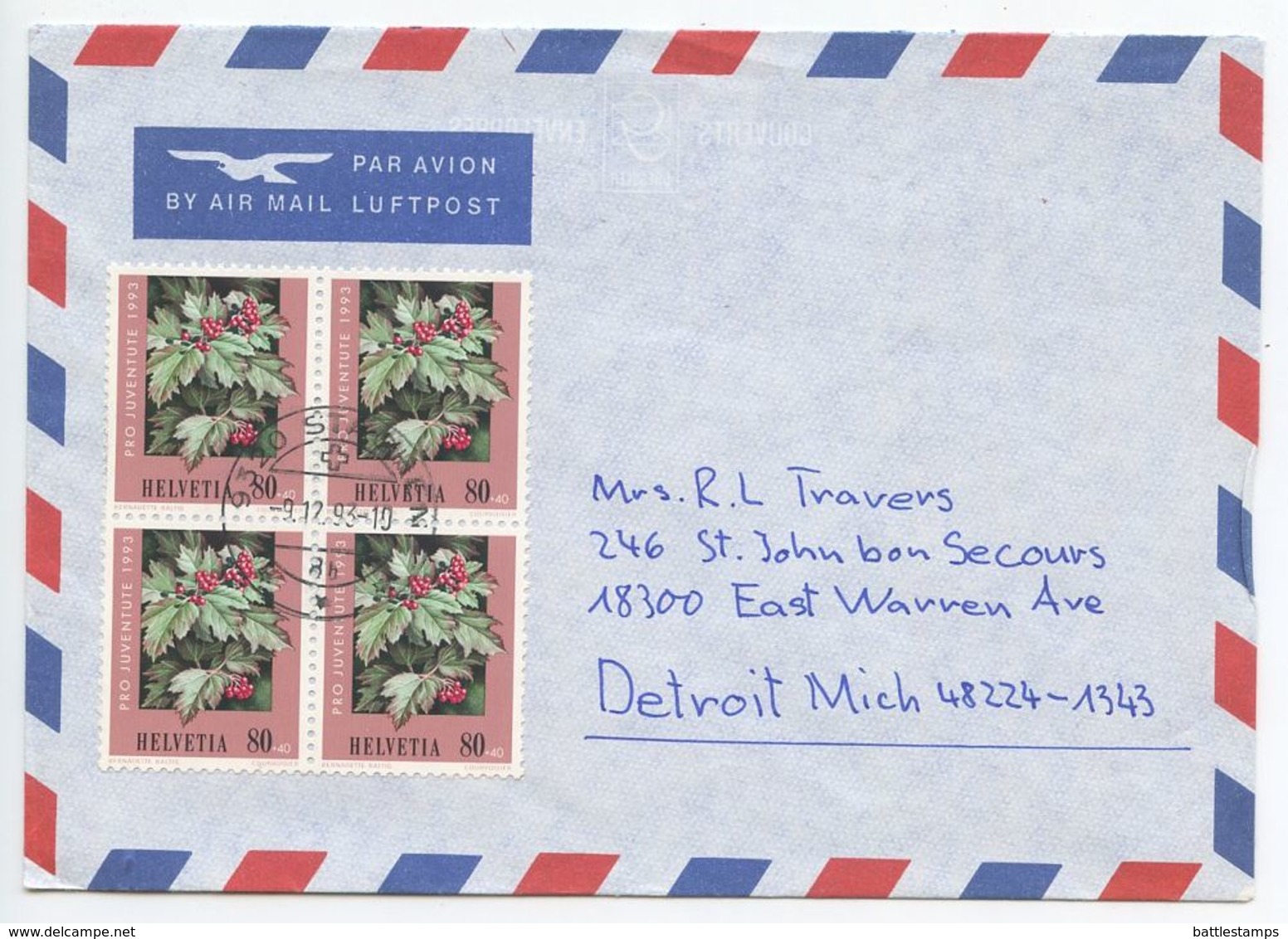 Switzerland 1993 Airmail Cover Stachen To U.S., Scott B593 Plant Blk Of 4 - Covers & Documents