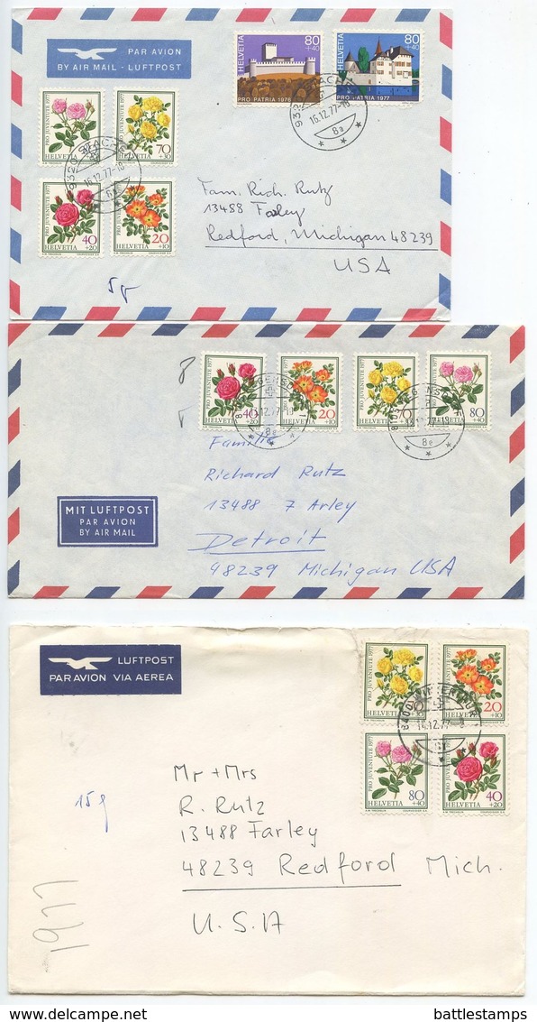 Switzerland 1977 3 Airmail Covers To U.S., Scott B451-B454 Roses - Covers & Documents