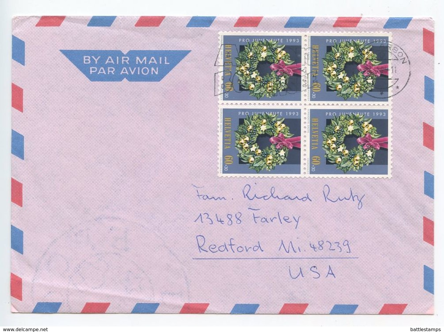 Switzerland 1994 Airmail Cover Arbon To U.S., Scott B591 Christmas Wreath Blk Of 4 - Covers & Documents