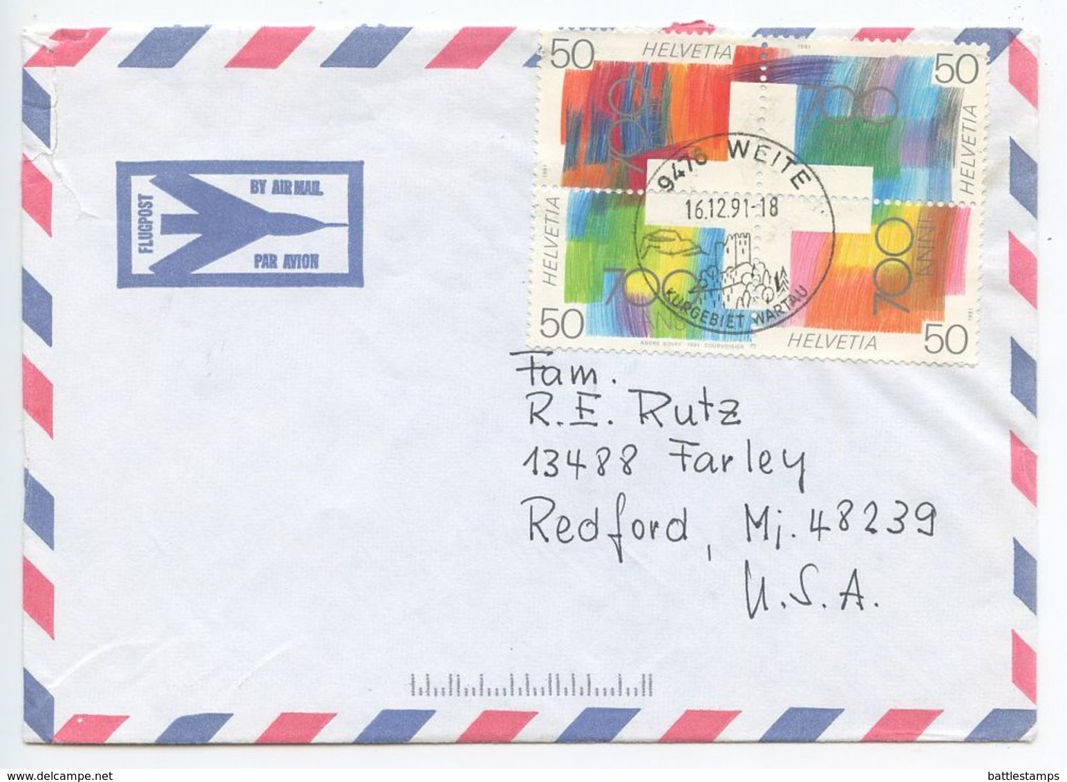 Switzerland 1991 Airmail Cover Weite To Redford Michigan, Scott 887a Swiss Confederation - Lettres & Documents