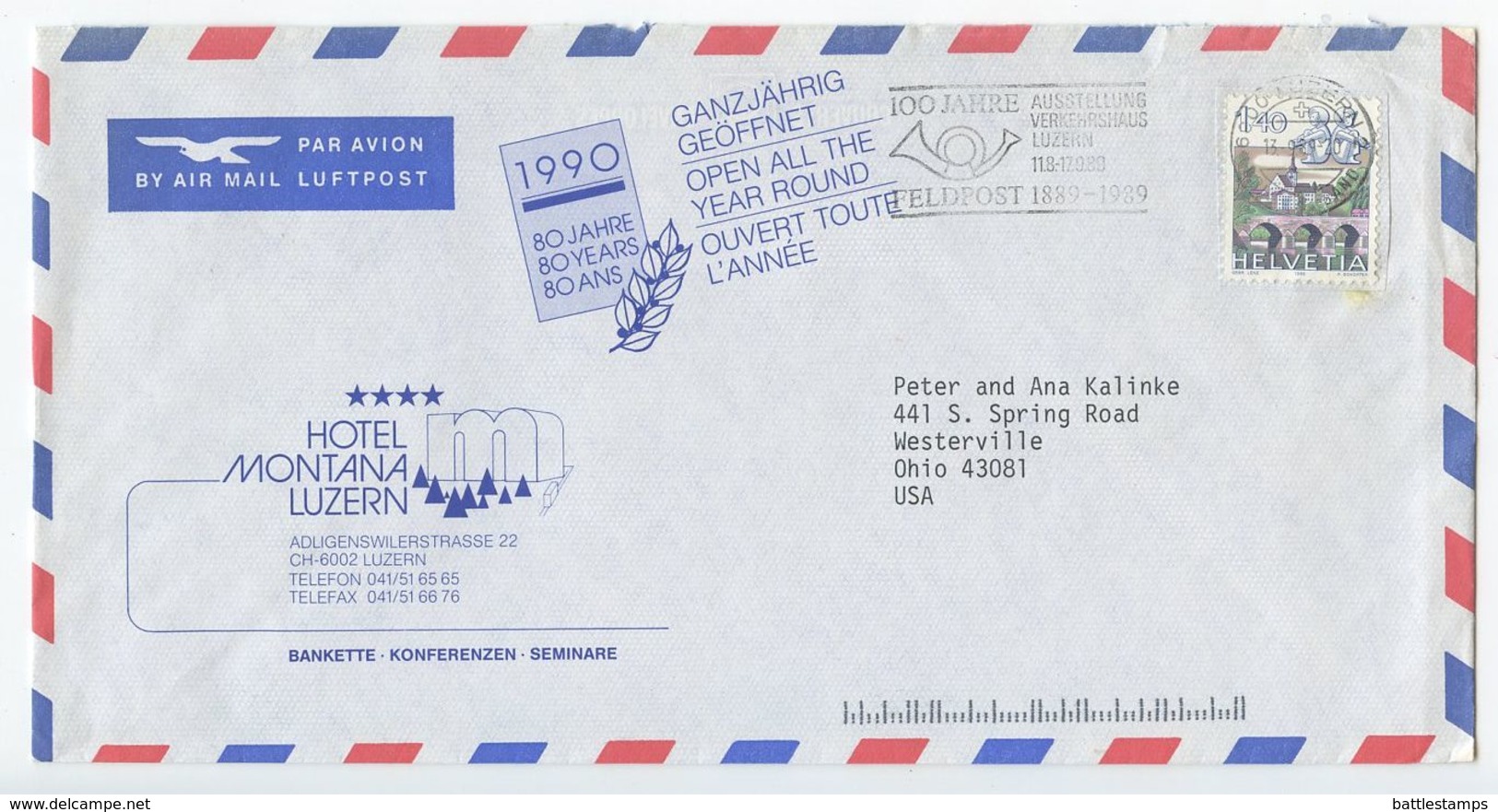 Switzerland 1989 Airmail Cover Luzern - Hotel Montana Luzern To Westerville, Ohio - Covers & Documents