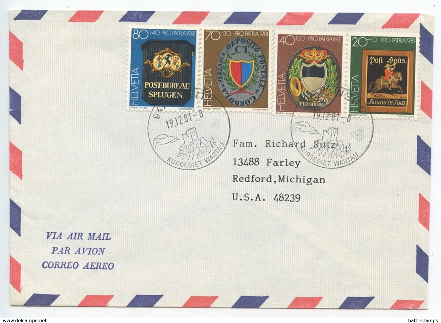 Switzerland 1981 Airmail Cover Weite To Redford Michigan, Scott B480-B483 Post Office Signs - Covers & Documents