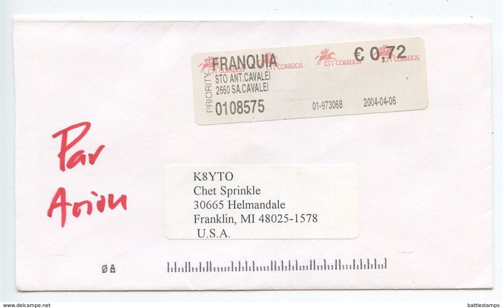 Portugal 2000‘s 7 Priority Meter Covers To Franklin Michigan - K8YTO - Covers & Documents