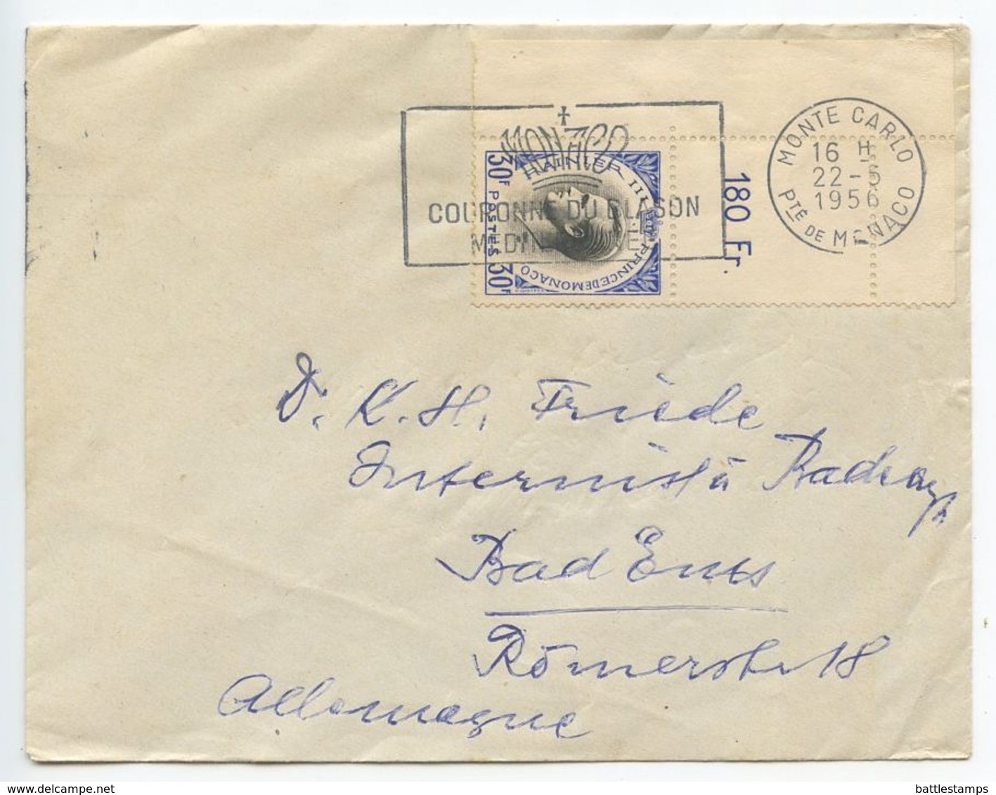 Monaco 1956 Cover Monte Carlo To Bade Ems Germany, Scott 339 Prince Rainier III - Covers & Documents