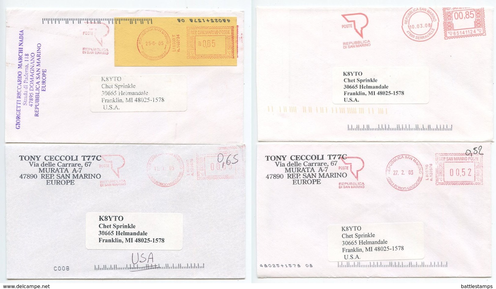 San Marino 2000‘s 4 Meter Covers To Franklin Michigan- K8YTO Ham Radio - Cartas & Documentos