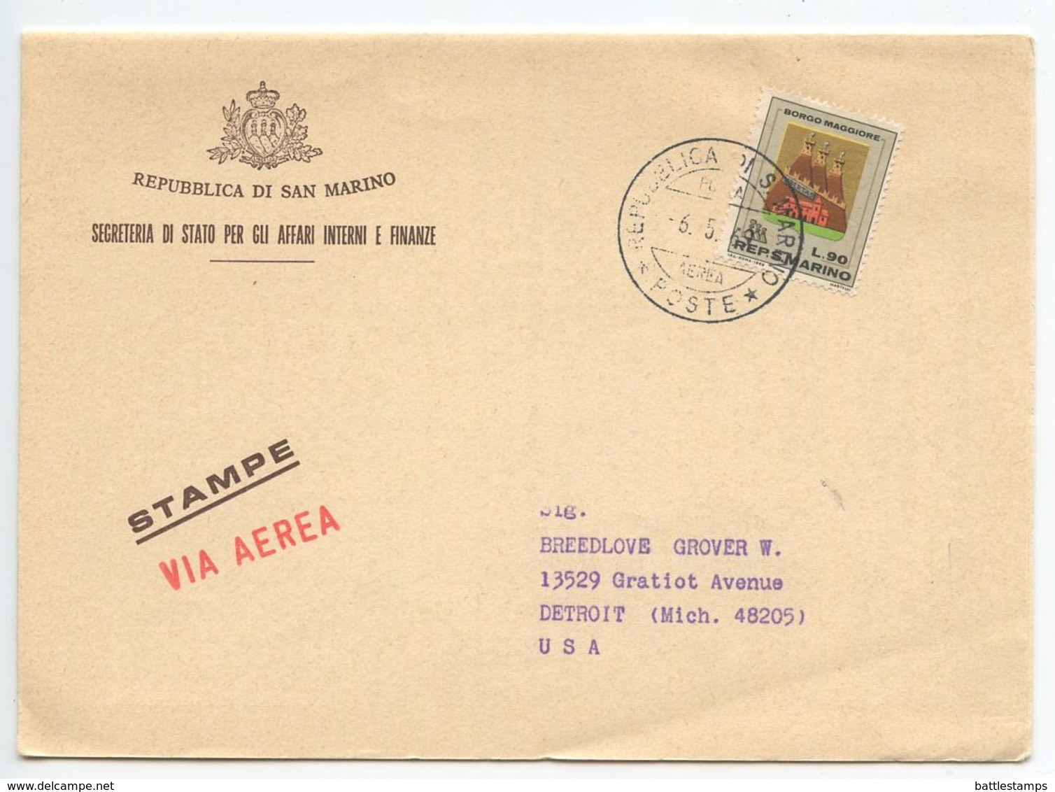 San Marino 1969 Airmail Cover Segreteria Si Stato Per Gli Affari Interni E Finanze - Covers & Documents