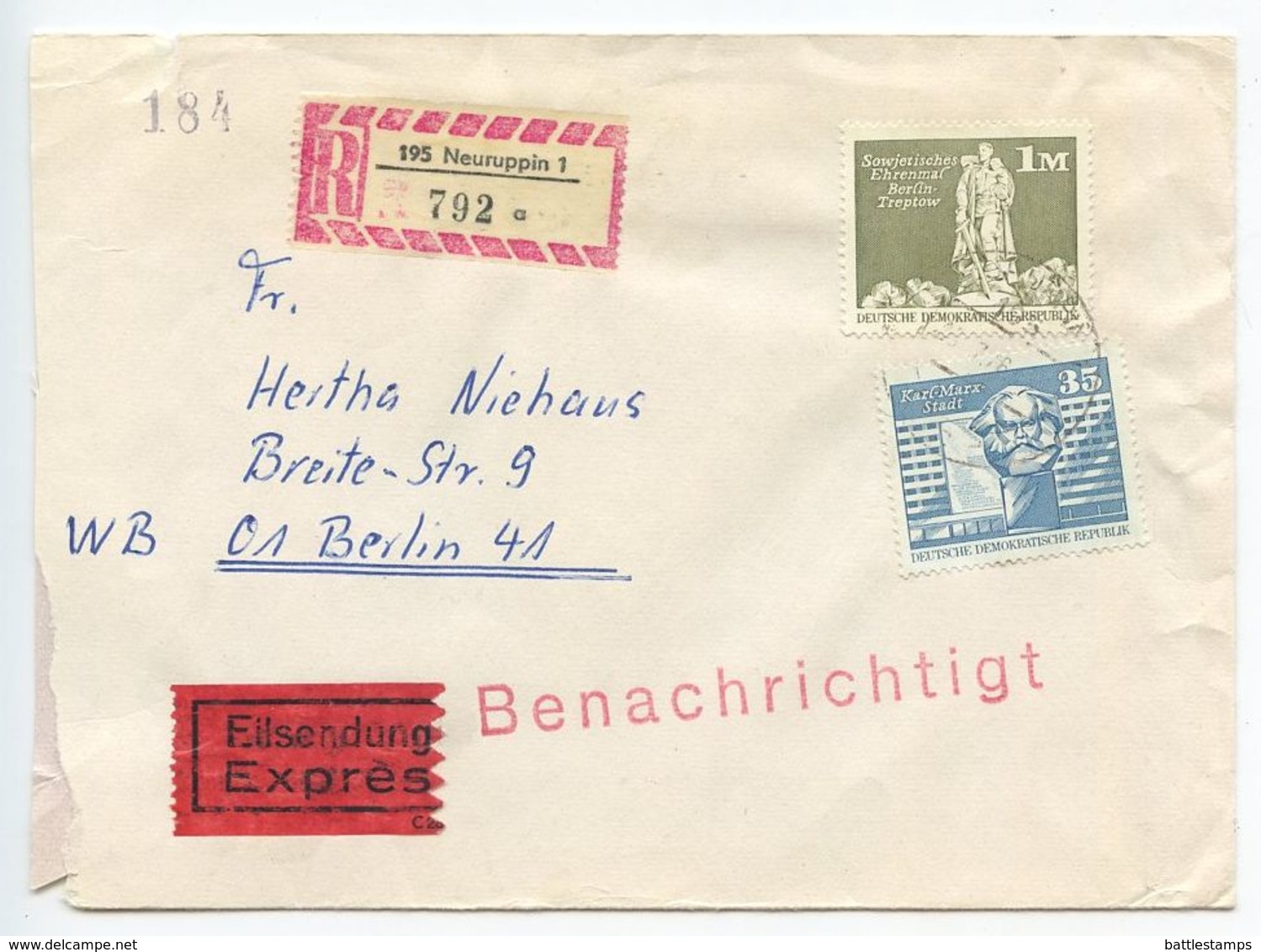 Germany, East 1976 Registered Special Delivery Cover Neuruppin To Berlin, Scott 1436 - Covers & Documents