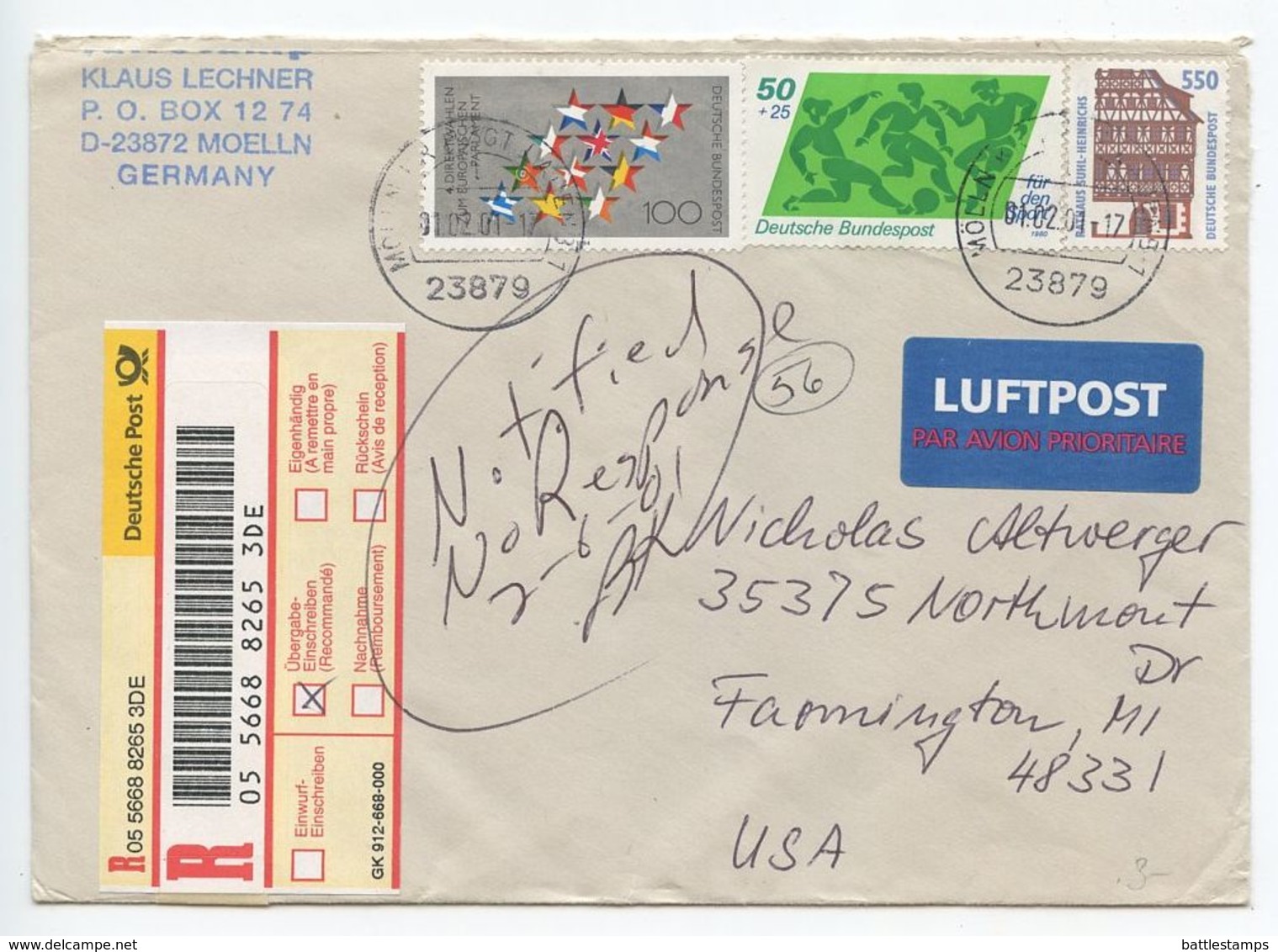 Germany 2001 Registered Airmail Cover Mölln To Farmington, Michigan - Covers & Documents