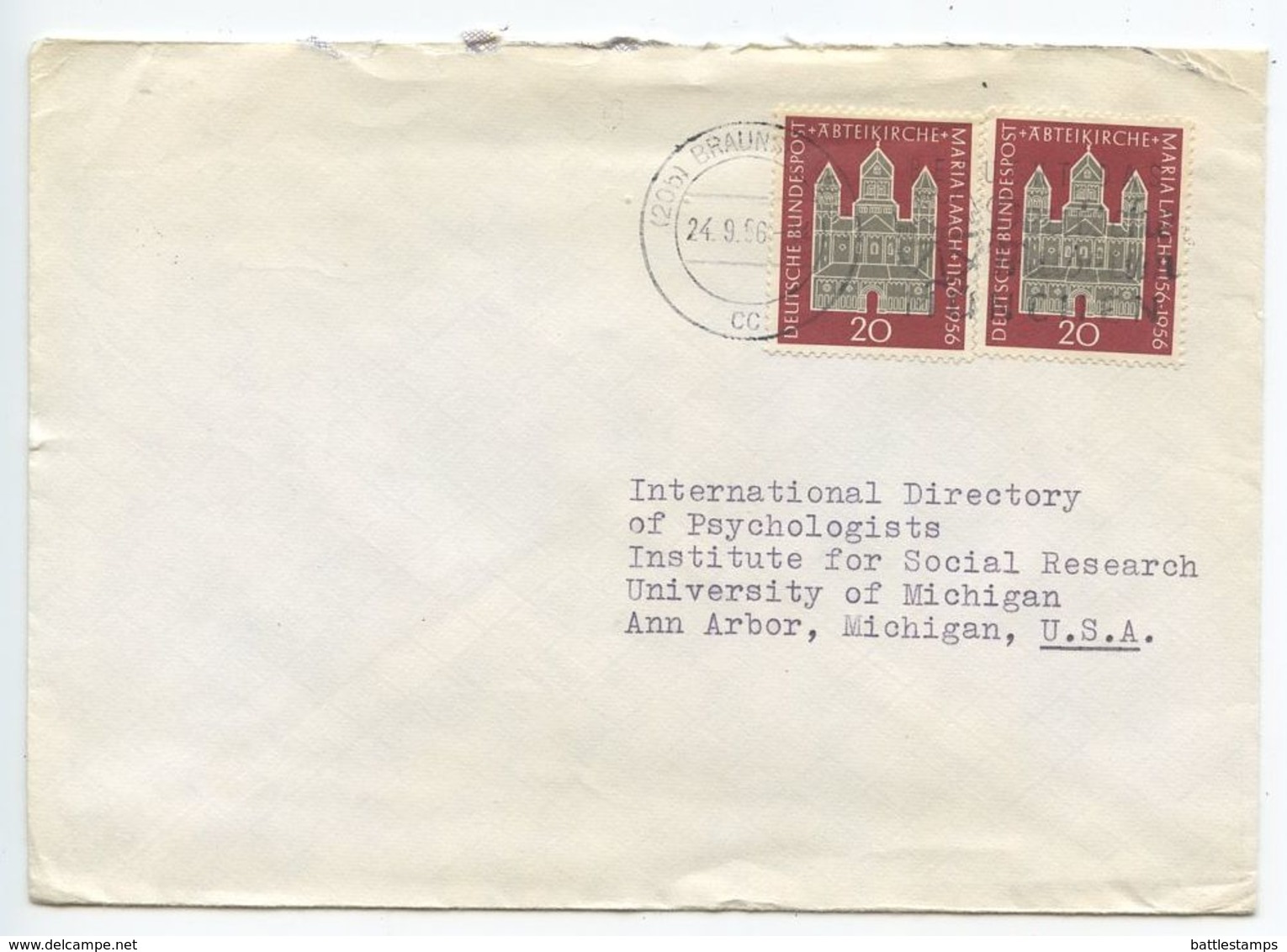 Germany, West 1956 Cover Braunschweig To Ann Arbor MI, Scott 747 Maria Laach Abbey - Covers & Documents