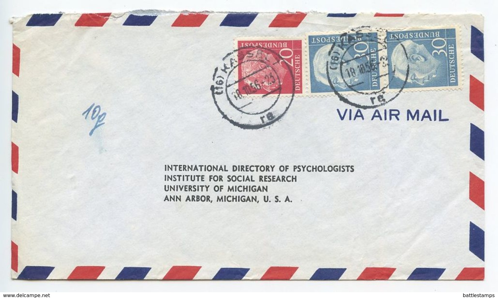 Germany, West 1956 Airmail Cover Kassel To U.S., Scott 710, 712 Pair Heuss - Covers & Documents
