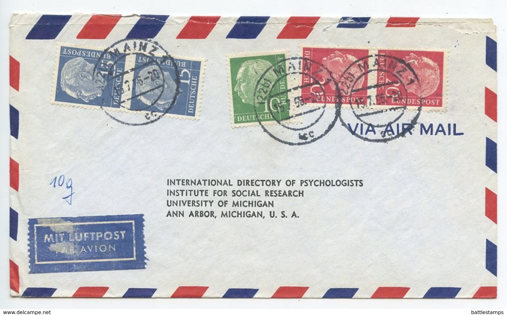 Germany, West 1956 Airmail Cover Mainz To U.S., Scott 708, 709 X 2, 710 X 2 Heuss - Covers & Documents