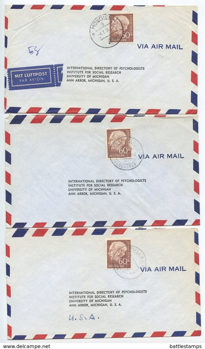 Germany, West 1956 5 Airmail Covers To U.S., Scott 715 Heuss, Mix Of Postmarks - Covers & Documents