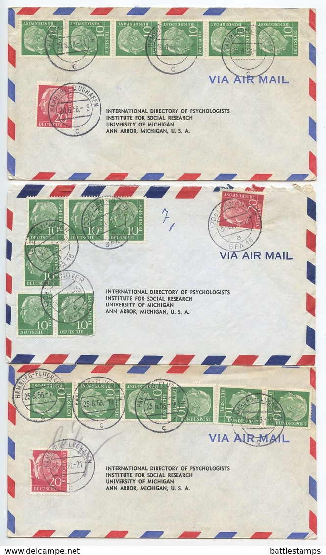 Germany, West 1956 3 Airmail Covers Hamburg-Flughafen & Hannover, Scott 708 X 6, 710 Heuss - Covers & Documents