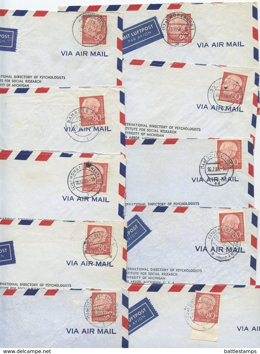Germany, West 1956 10 Airmail Covers To U.S., Scott 717 Heuss, Mix Of Postmarks - Covers & Documents