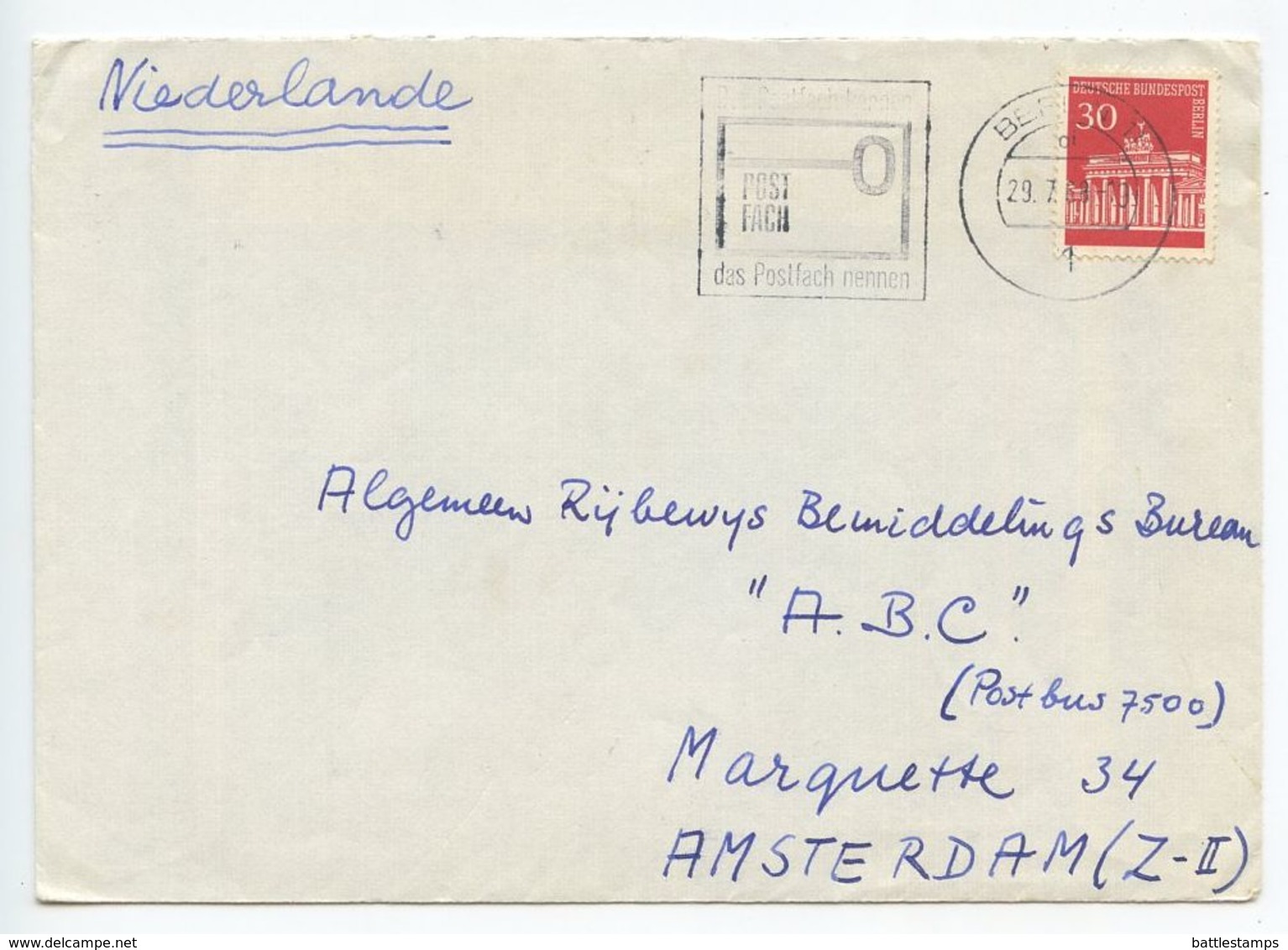 Germany, Berlin 1968 Cover To Amsterdam Netherlands, Scott 9N253 Brandenburg Gate - Covers & Documents