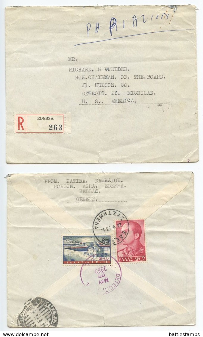 Greece 1963 Registered Cover Edessa To Detroit MI, Scott 611 & C74 - Covers & Documents