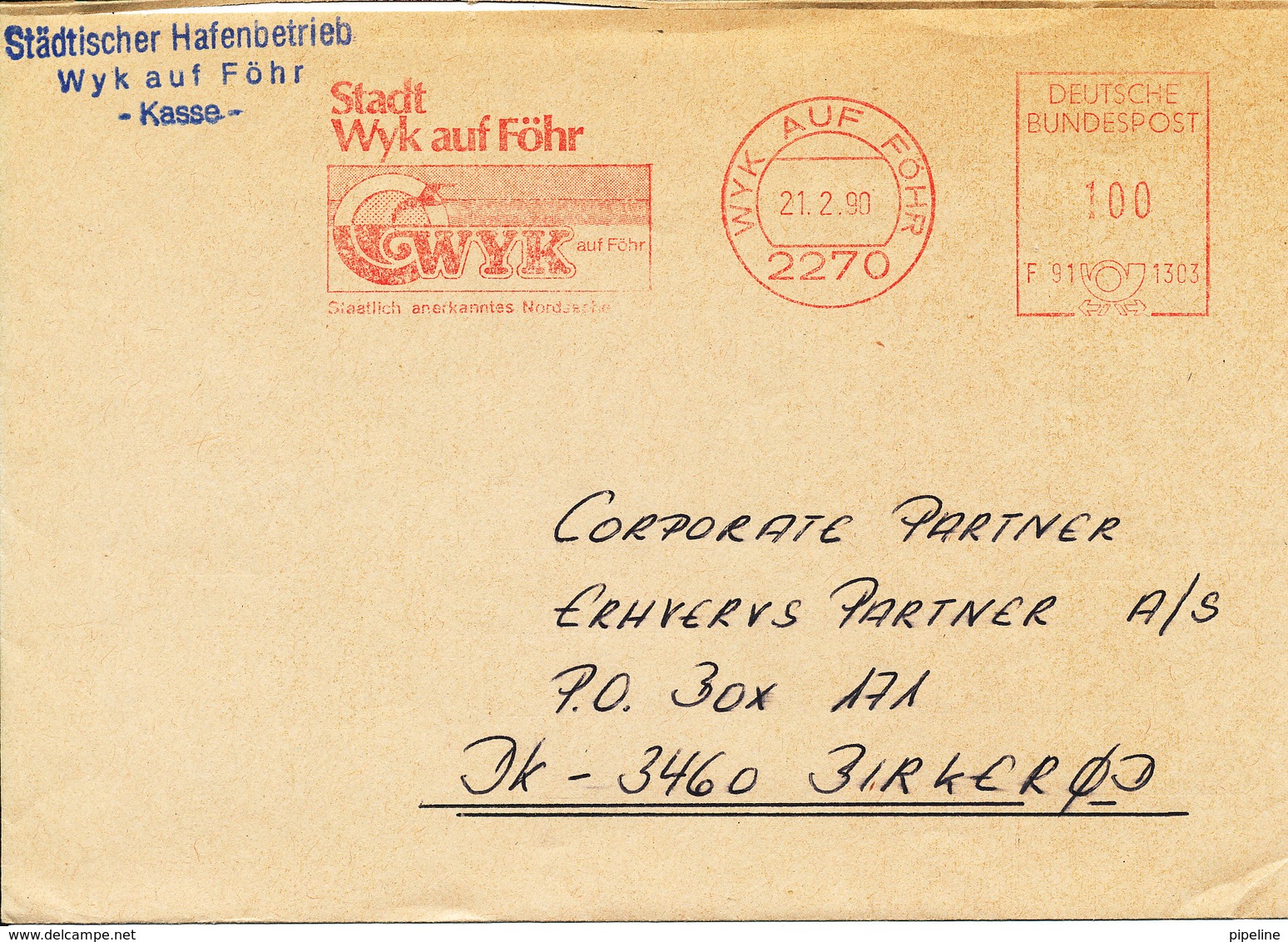 Germany Cocer With Meter Cancel Sent To Denmark Wyk Auf Föhr 21-2-1990 (the Flap On The Backside Of The Cover Is Missing - Covers & Documents