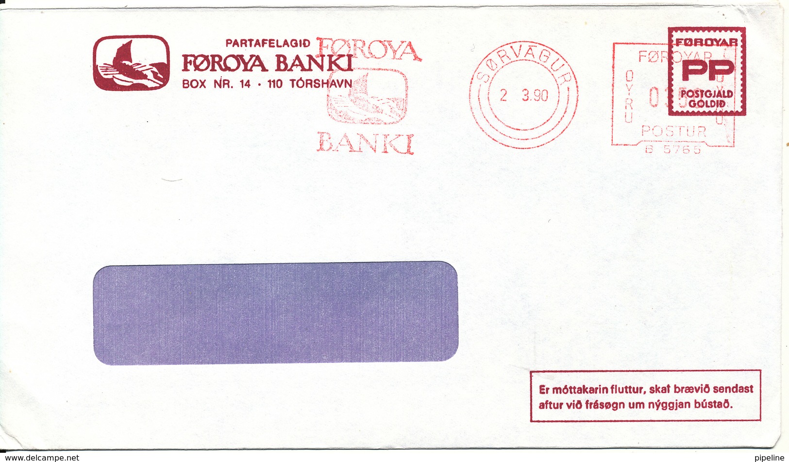 Faroe Islands Bank Cover With Meter Cancel Sörvagur 2-3-1990 (Föroya Banki) - Faroe Islands