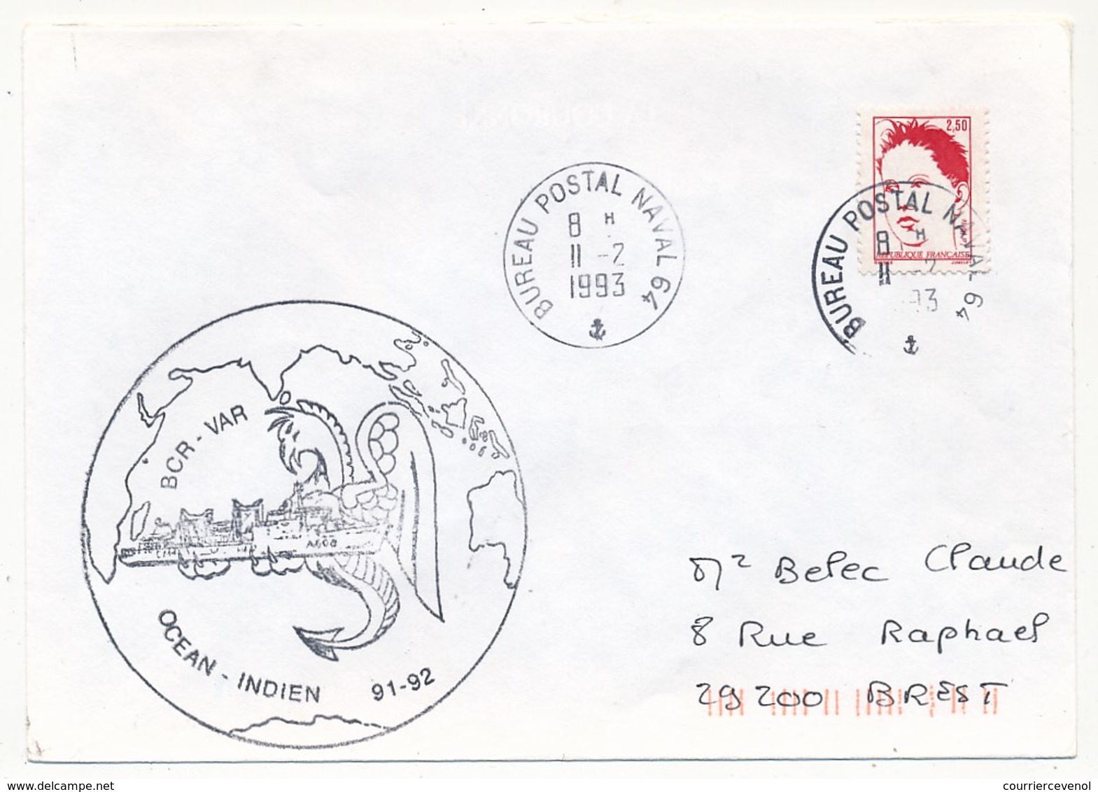 FRANCE - 2,50 Obl Bureau Postal Naval 64 / B.C.R VAR - Océan Indien 91-92 - 1993 - Poste Navale