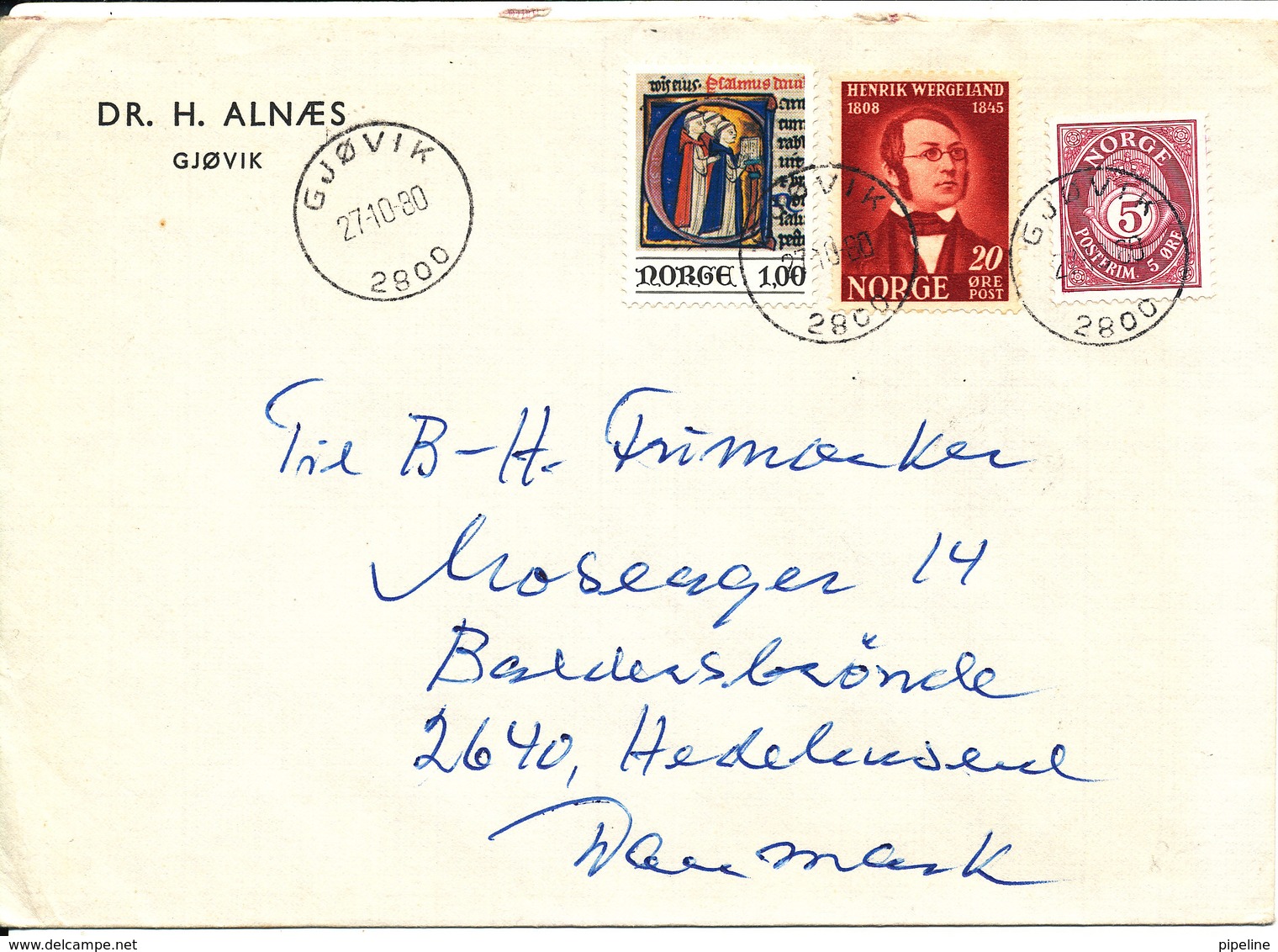 Norway Cover Sent To Denmark Gjövik 27-10-1980 (Dr. H. Alnaes) - Covers & Documents