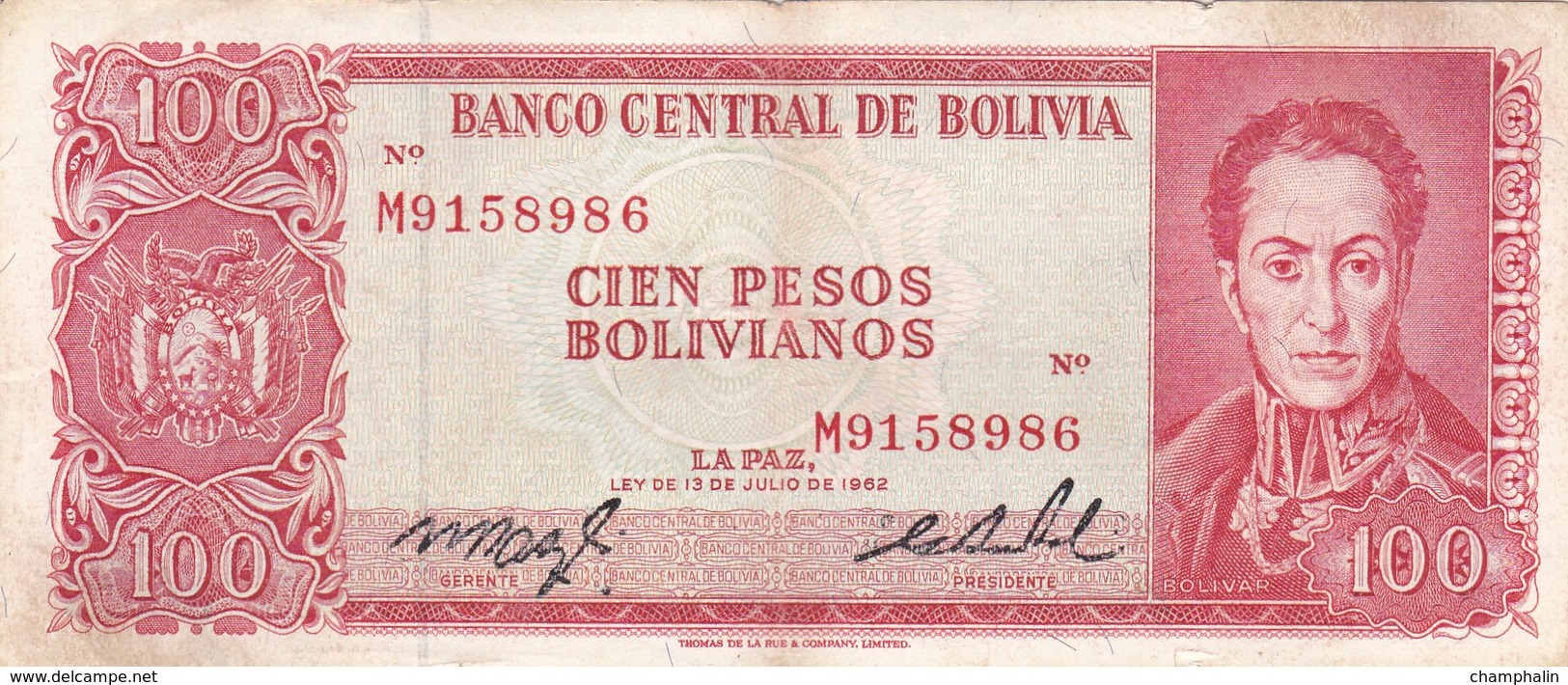 Bolivie - Billet De 100 Pesos Bolivianos - 13 Juillet 1962 - Simon Bolivar - Bolivie