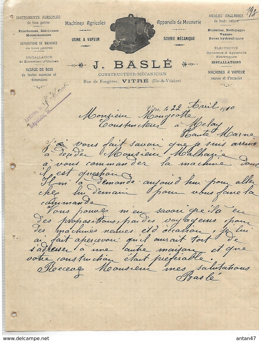 Lettre 1910 / 35 VITRE / J. BASLE / Constructeur-mécanicien, Machines Agricoles, Scierie Mécanique - Agricoltura