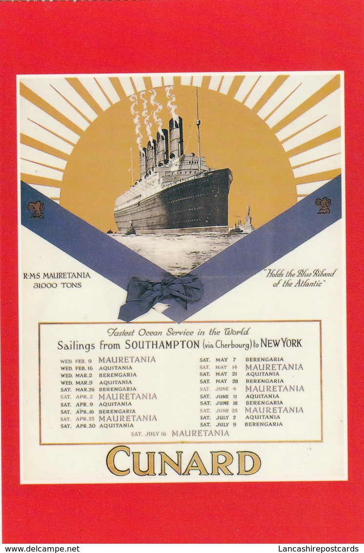 Postcard Advertising Cunard White Star Line Mauretania Sailings From Southampton [ Reproduction ] My Ref  B23670 - Advertising