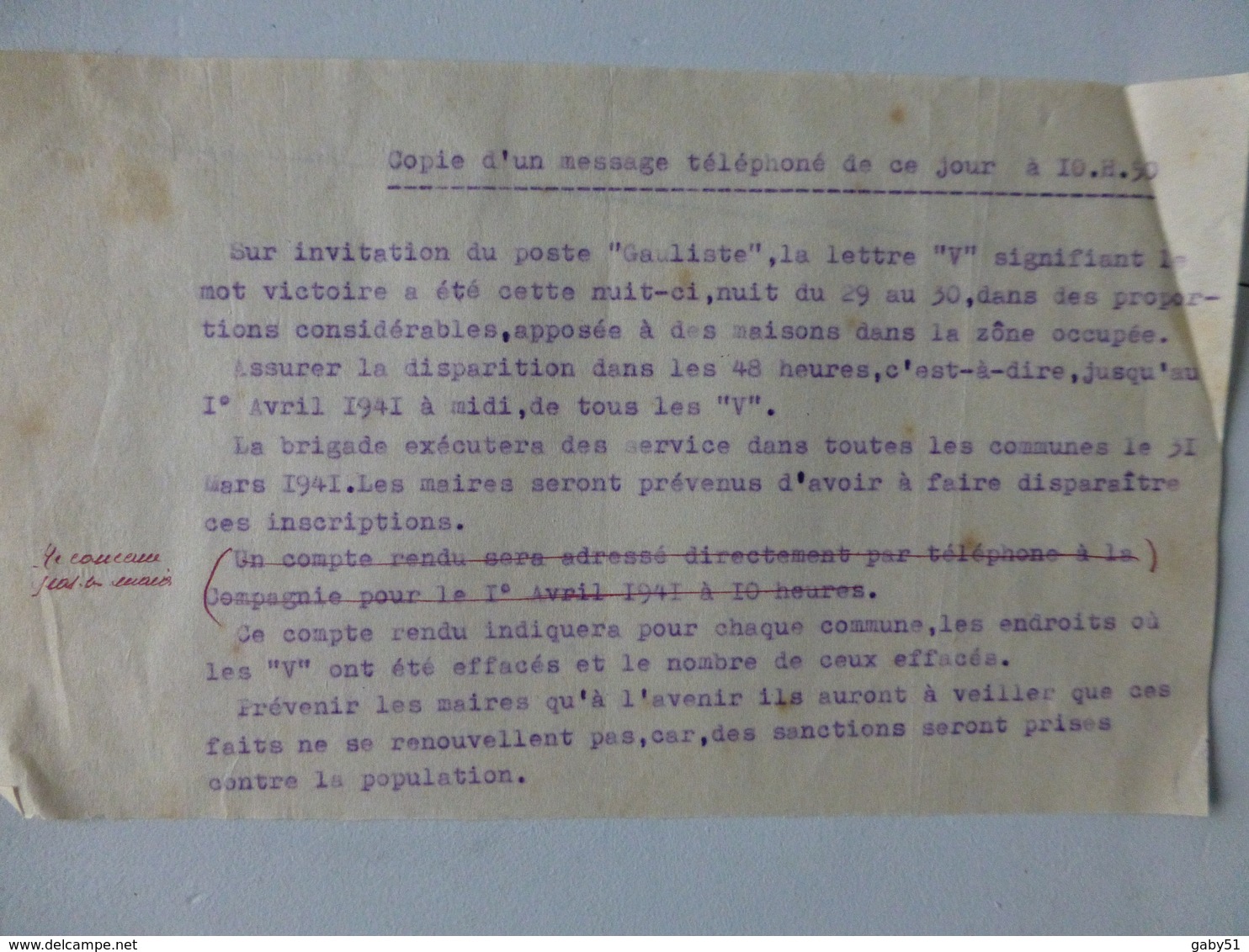 Guerre 39-45 Message Pour Destruction Signe "V" Gauliste 1941 (Liniers 86) ; PAP02 - Documents Historiques