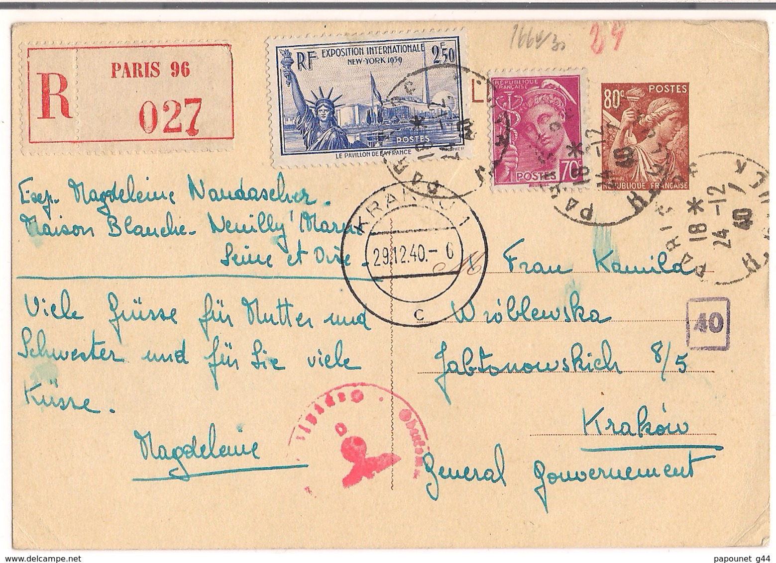 Entier Postal Paris Recommandé Type 80c Iris + Compléments Destination ( Krakou ) Général Gouvernement + Censure - Cartes Postales Types Et TSC (avant 1995)