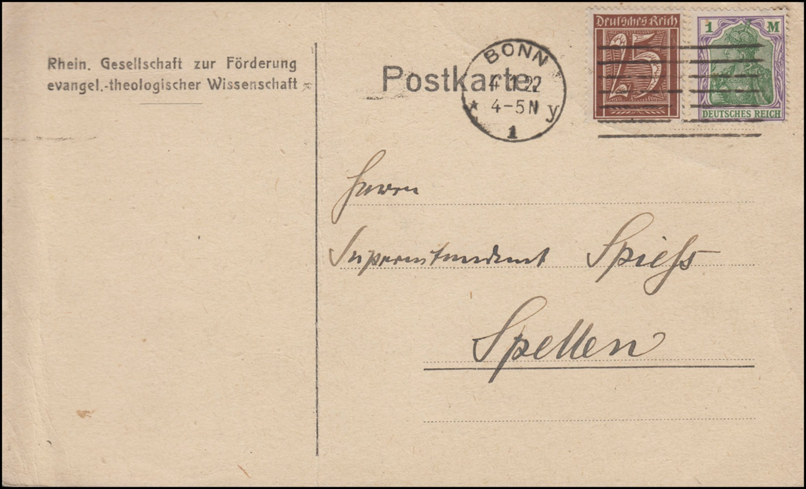 Ziffer-Germania-MiF Postkarte Gesellschaft Theologie BONN 4.1.22  Nach Spellen - Sonstige & Ohne Zuordnung