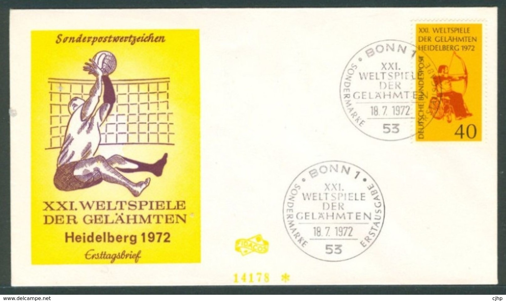 19/6 (zch24) Allemagne Jeux Mondiaux Pour Handicapés Heidelberg 1972 Tit à L' Arc Archery Volley FDC - Handisport