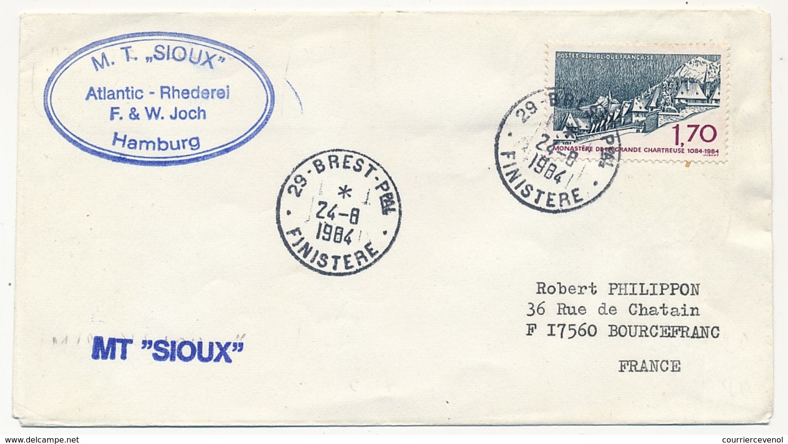 FRANCE - 1,70 Grande Chartreuse Obl 29 Brest Ppal 1984 + M.T. SIOUX Hambourg - Poste Maritime