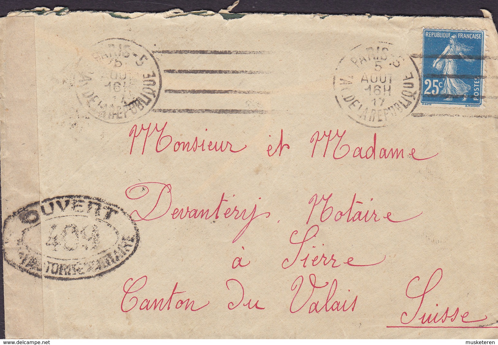 France PARIS Place De La Republique 1917 Cover Lettre SIERRE Suisse CONTROLE POSTAL MILITAIRE Censor Label Semeuse - 1906-38 Säerin, Untergrund Glatt