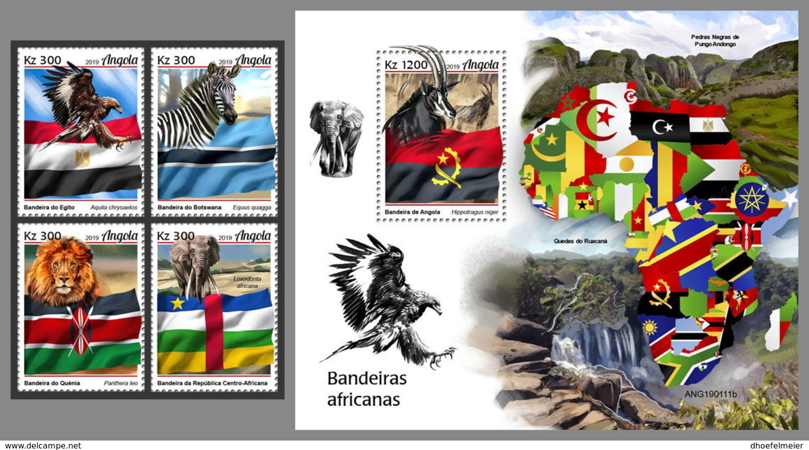 ANGOLA 2019 MNH African Flags Afrikanische Fahnen Drapeaux Africains 4v+S/S - IMPERFORATED - DH1924 - Francobolli