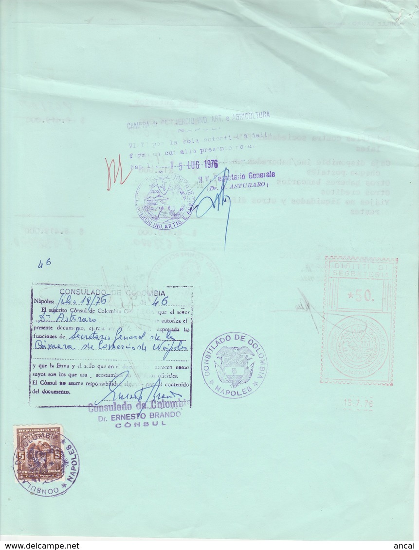 Colombia. 1976. Marca Da Bollo Al Verso Di Documento Consolare + Marca Diritti Di Segreteria L. 50 COMMERCIO NAPOLI - Colombia