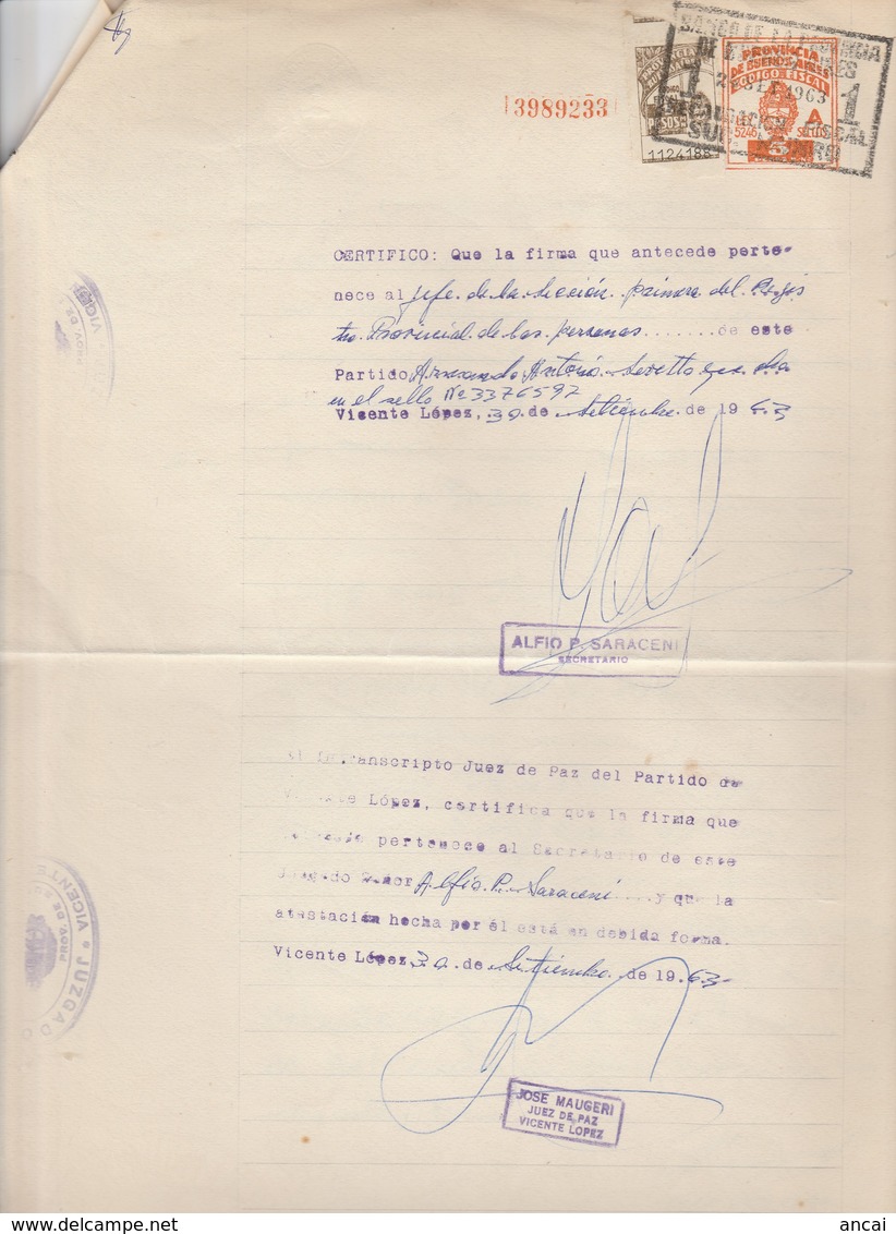 Argentina. 1963. Marche Da Bollo Su Certificato Di Nascita - Altri & Non Classificati