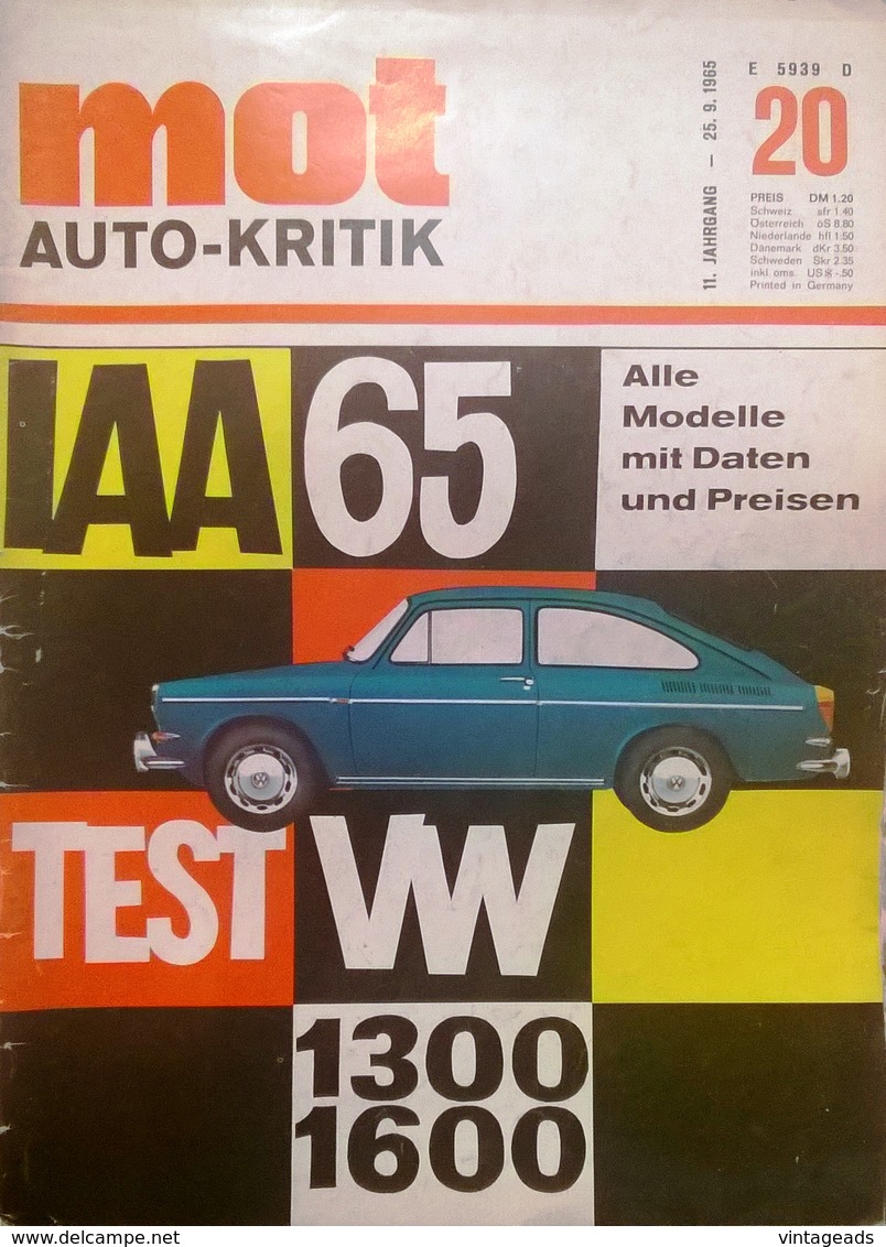 CA139 Autozeitschrift Mot  - Auto-Kritik, Nr. 20/1965, Test VW 1300 Und 1600 - Cars & Transportation