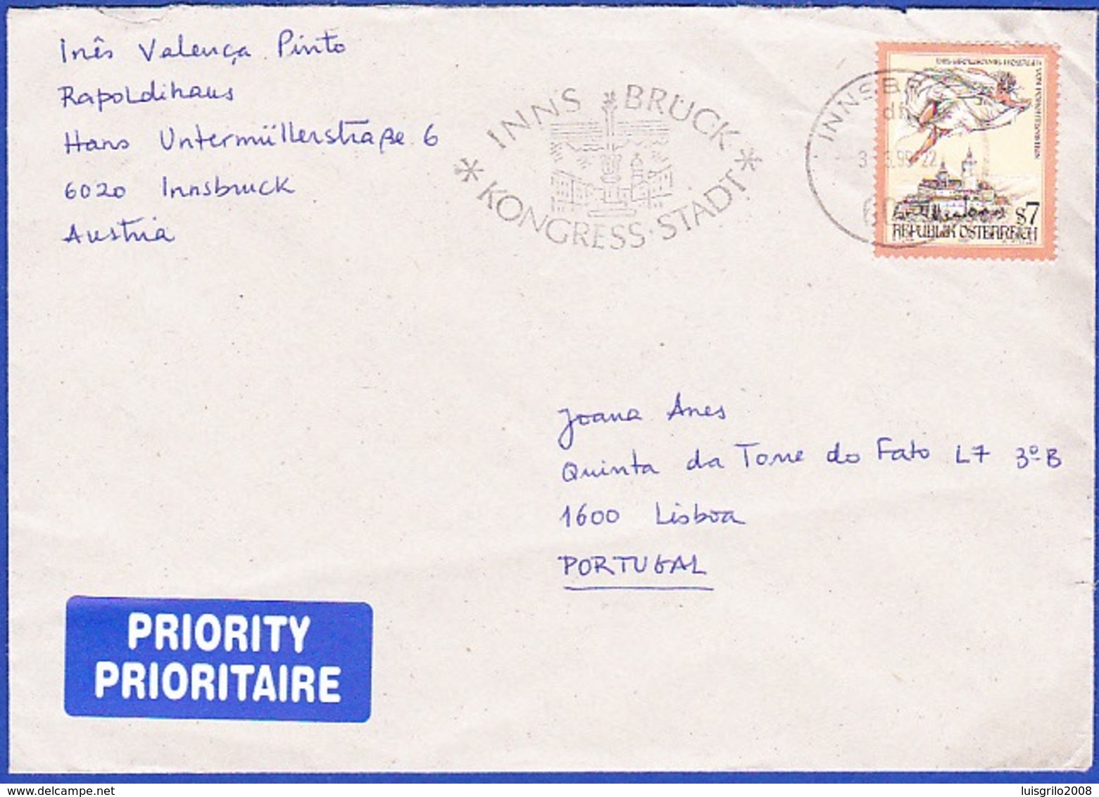 Cover Priority - Innsbruck To Lisbon, Portugal / Postmark - INNSBRUCK, 1999 - Storia Postale