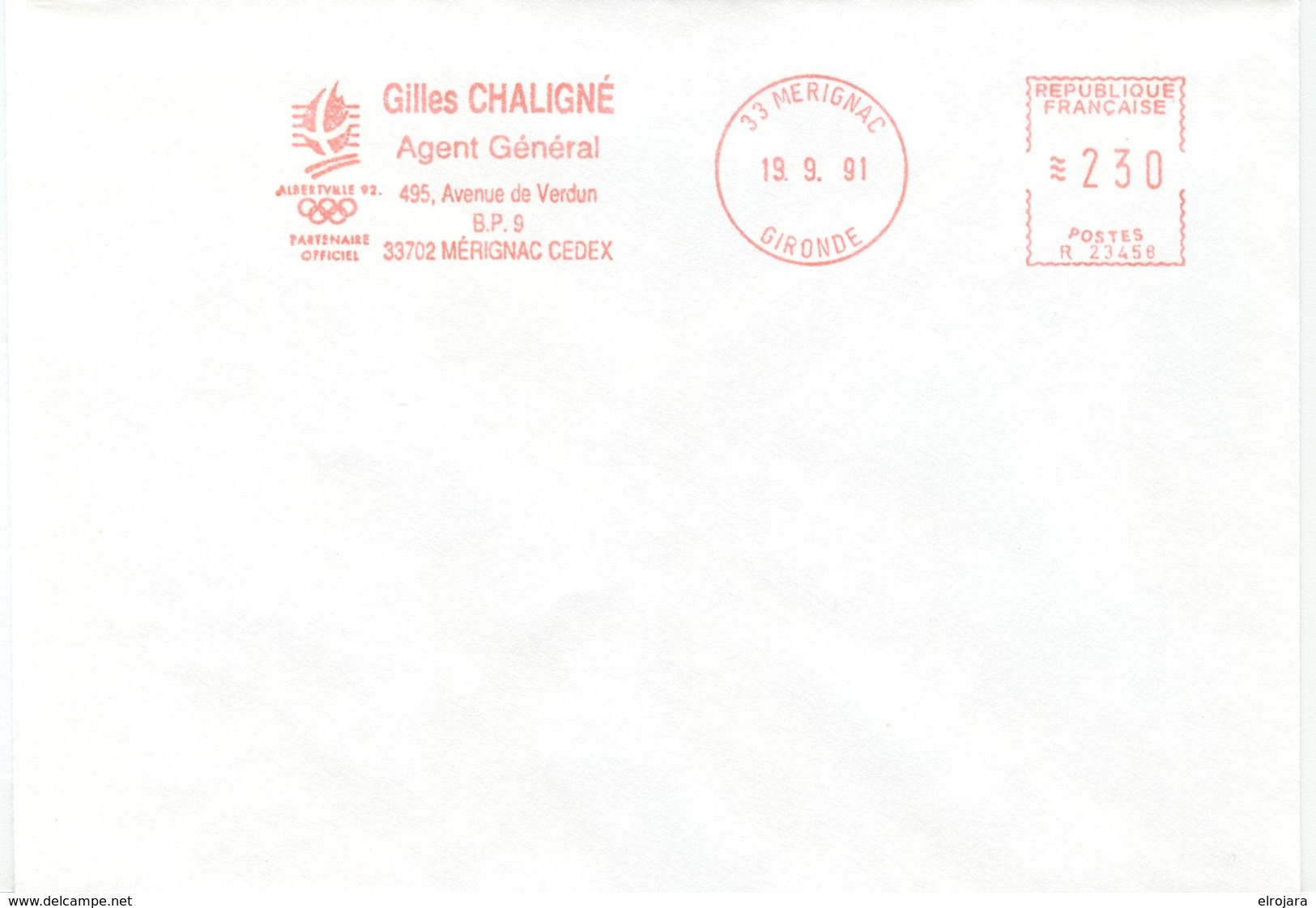 FRANCE Cover With Metercancel Gilles Chaligne Insurande 33 Merignac - Hiver 1992: Albertville