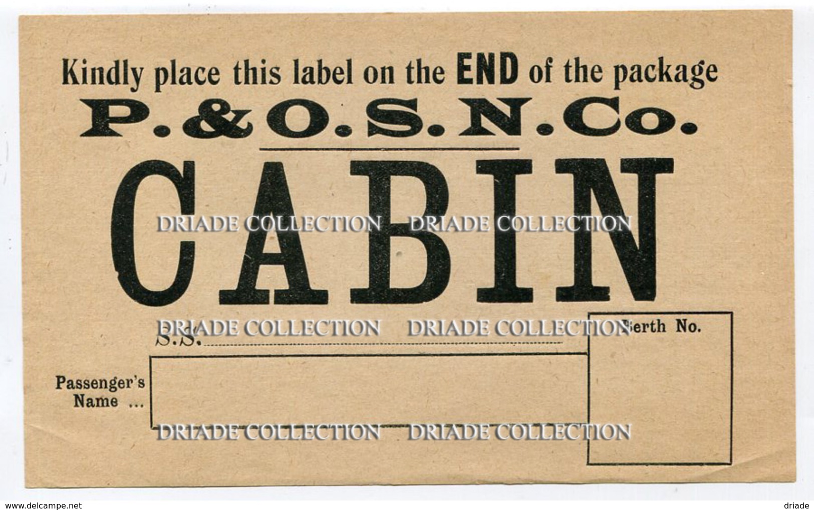 ETICHETTA LUGGAGE LABEL P. & O.S.N. CO. CABIN PENINSULAR STEAM NAVIGATION COMPANY - Adesivi Di Alberghi