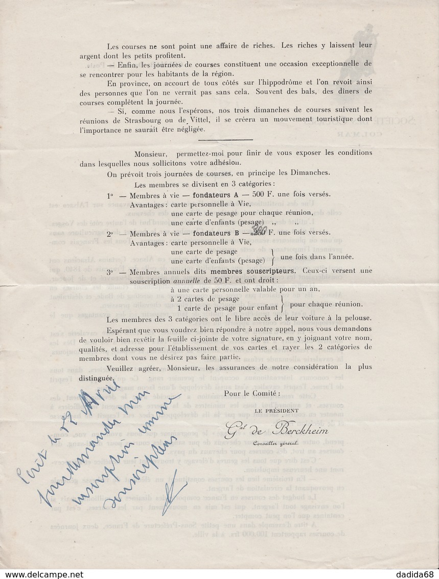 COLMAR (68) - SOCIÉTÉ DES COURSES - HIPPISME - CHEVAUX - DEMANDE DE MEMBRES - Menus