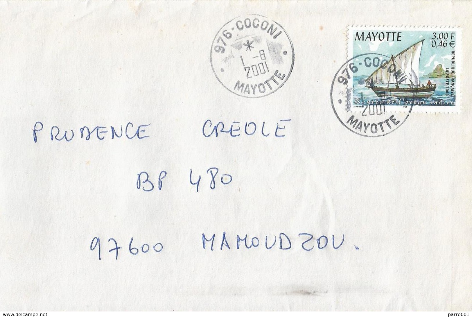 Mayotte 2001 Coconi Sailing Ship Cover - Brieven En Documenten