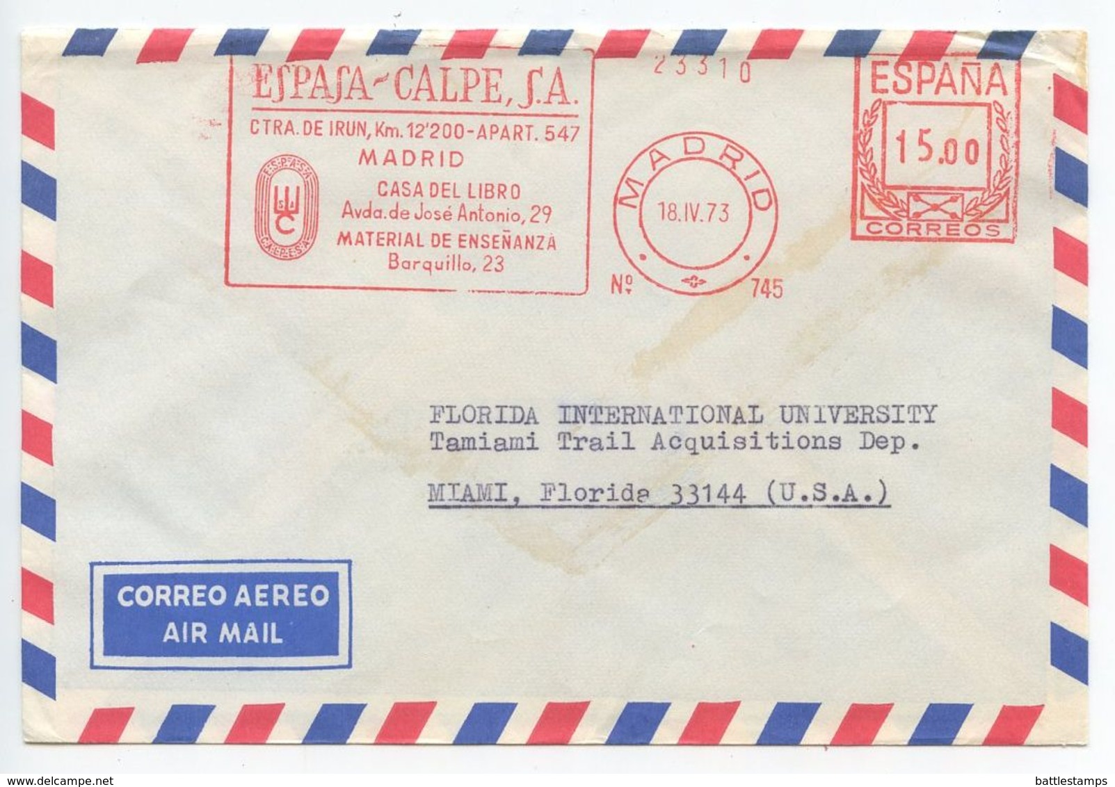 Spain 1973 Airmail Cover Madrid To Miami FL, Hasler Meter - Lettres & Documents