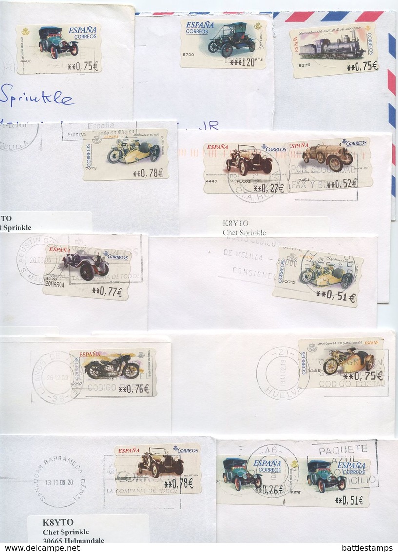 Spain 2000‘s 11 Covers To U.S., Mix Of Auto, Motorcycle, Train ATM Stamps - Covers & Documents