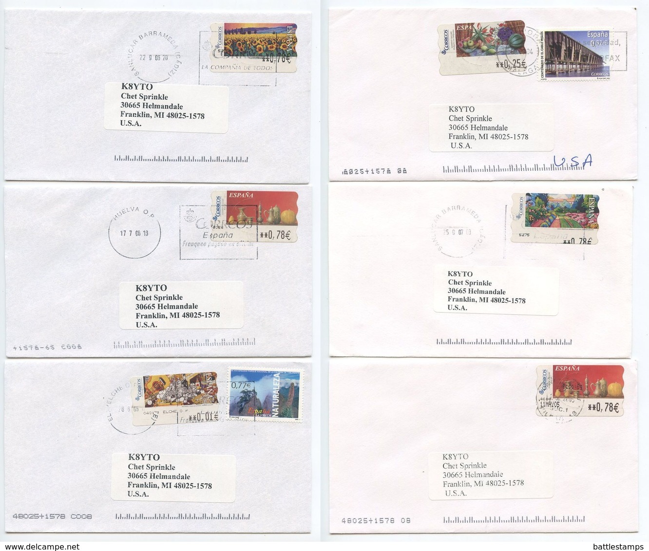 Spain 2000‘s 7 Covers To U.S., Mix Of Art Paintings ATM Stamps - Covers & Documents