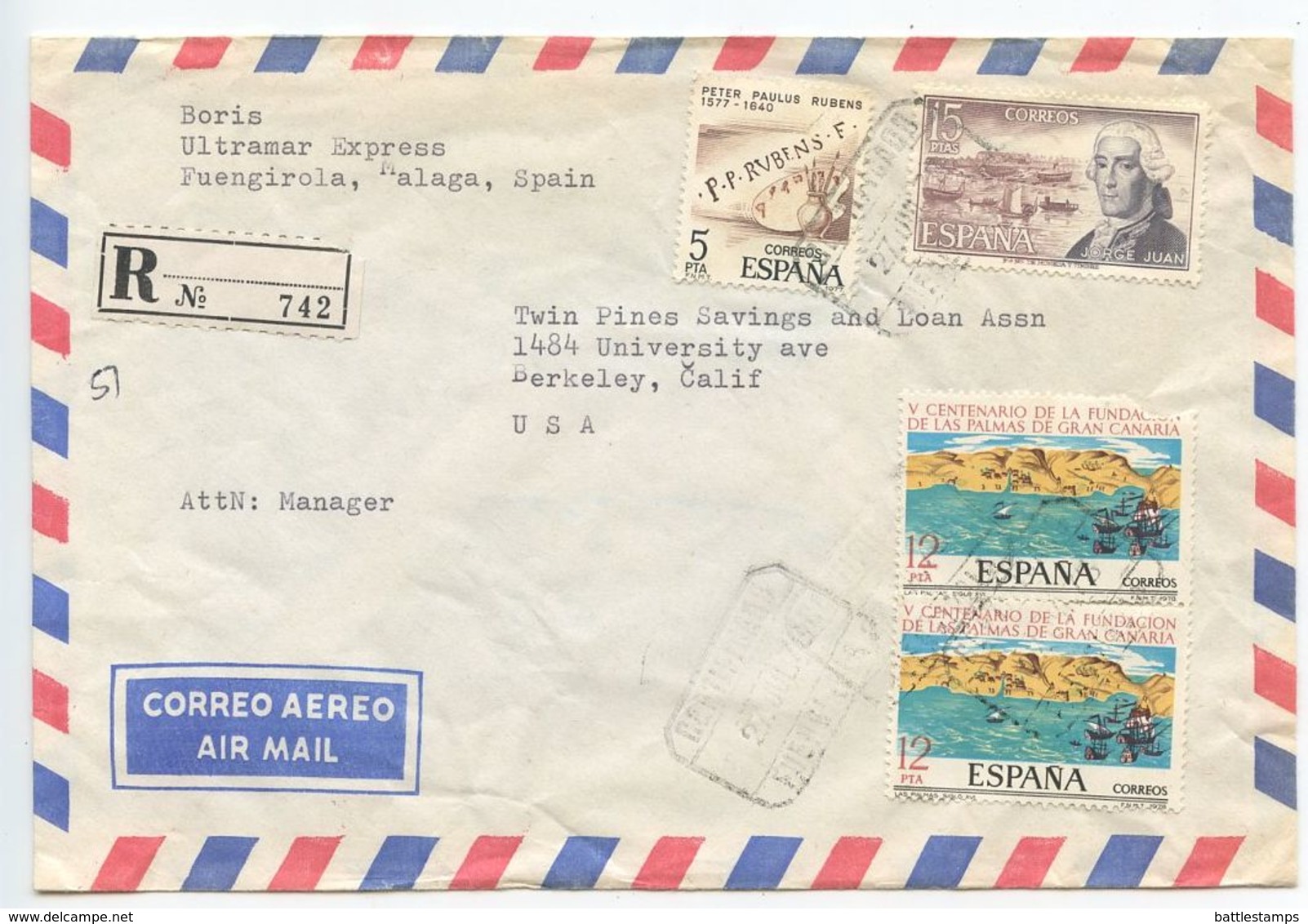 Spain 1978 Registered Airmail Cover Fuengirola, Malaga To Berkeley, California - Lettres & Documents