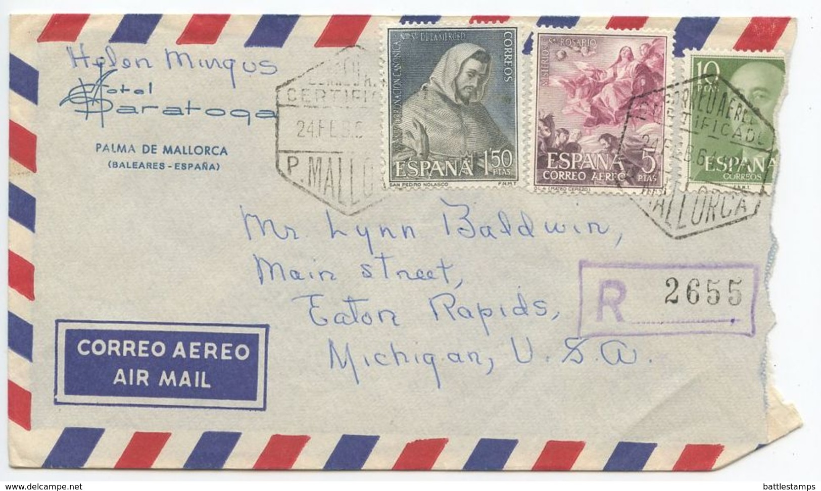 Spain 1964 Registered Airmail Cover Palma De Mallorca - Hotel Saratoga To U.S. - Lettres & Documents