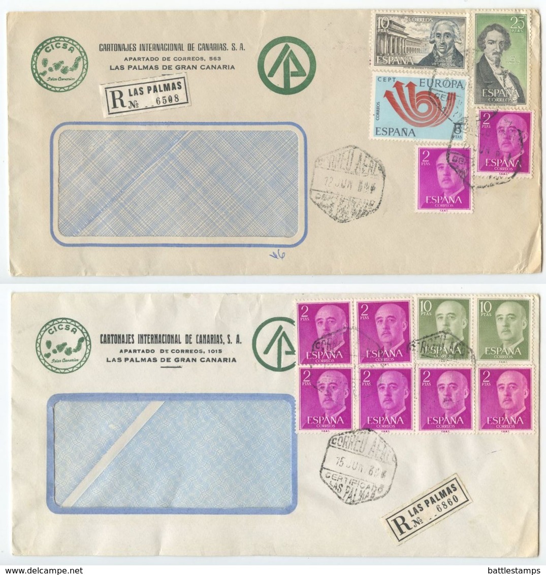 Spain 1973 2 Registered Airmail Covers Las Palmas, Canary Islands To Homestead FL - Lettres & Documents