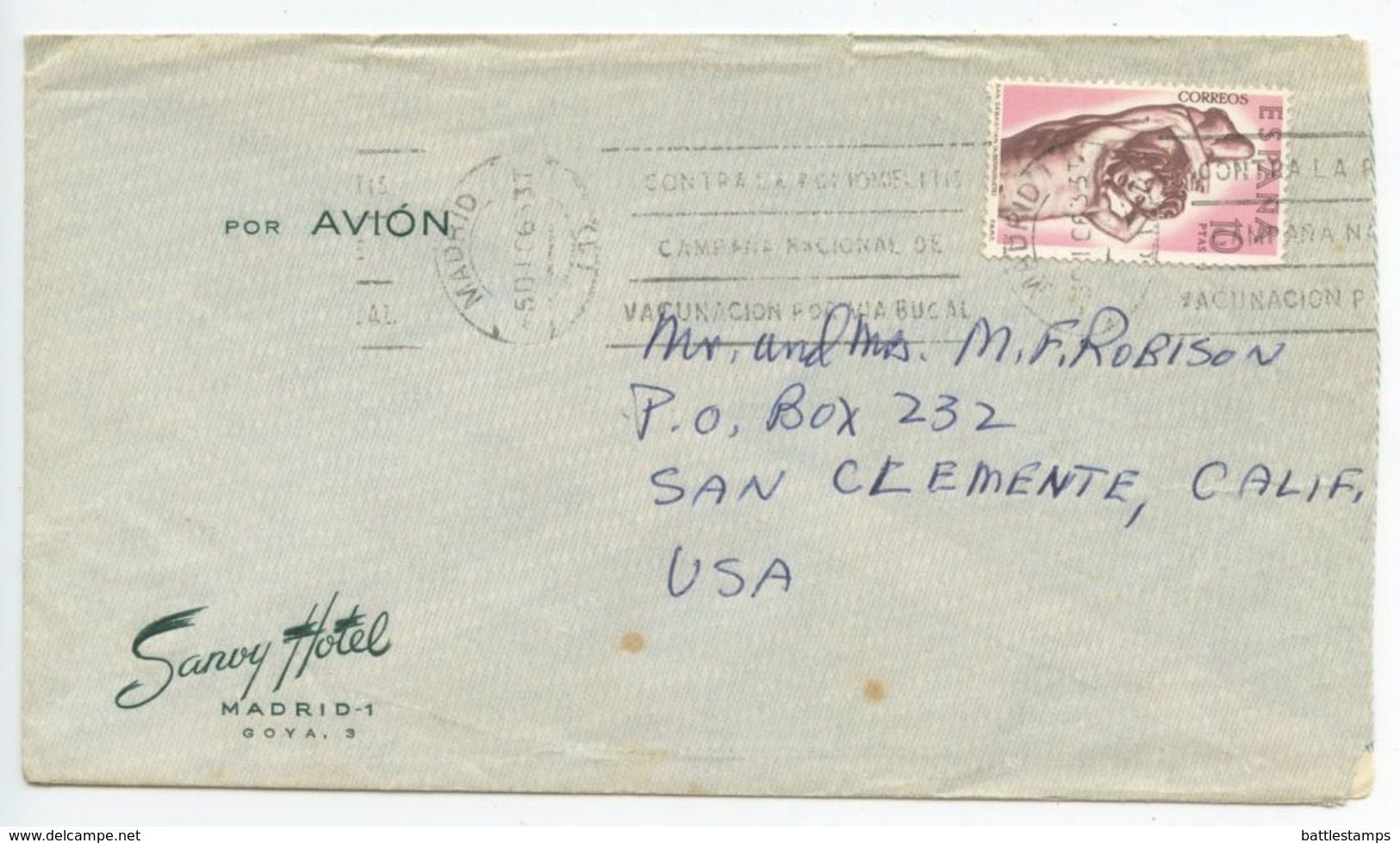 Spain 1963 Airmail Cover & Letter Madrid - Sanvy Hotel To San Clemente, California - Lettres & Documents