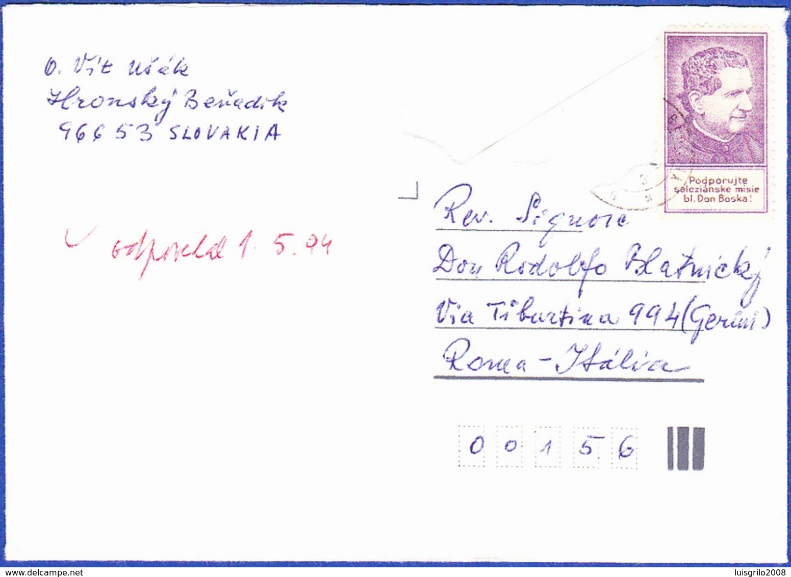 Cover - Slovakia To Roma, Itália - Postmark - Hronsky Beñadik - Storia Postale